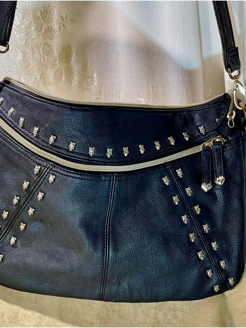 Betsey Johnson Black Studded Shoulder Bag with Heart Charm Zippers